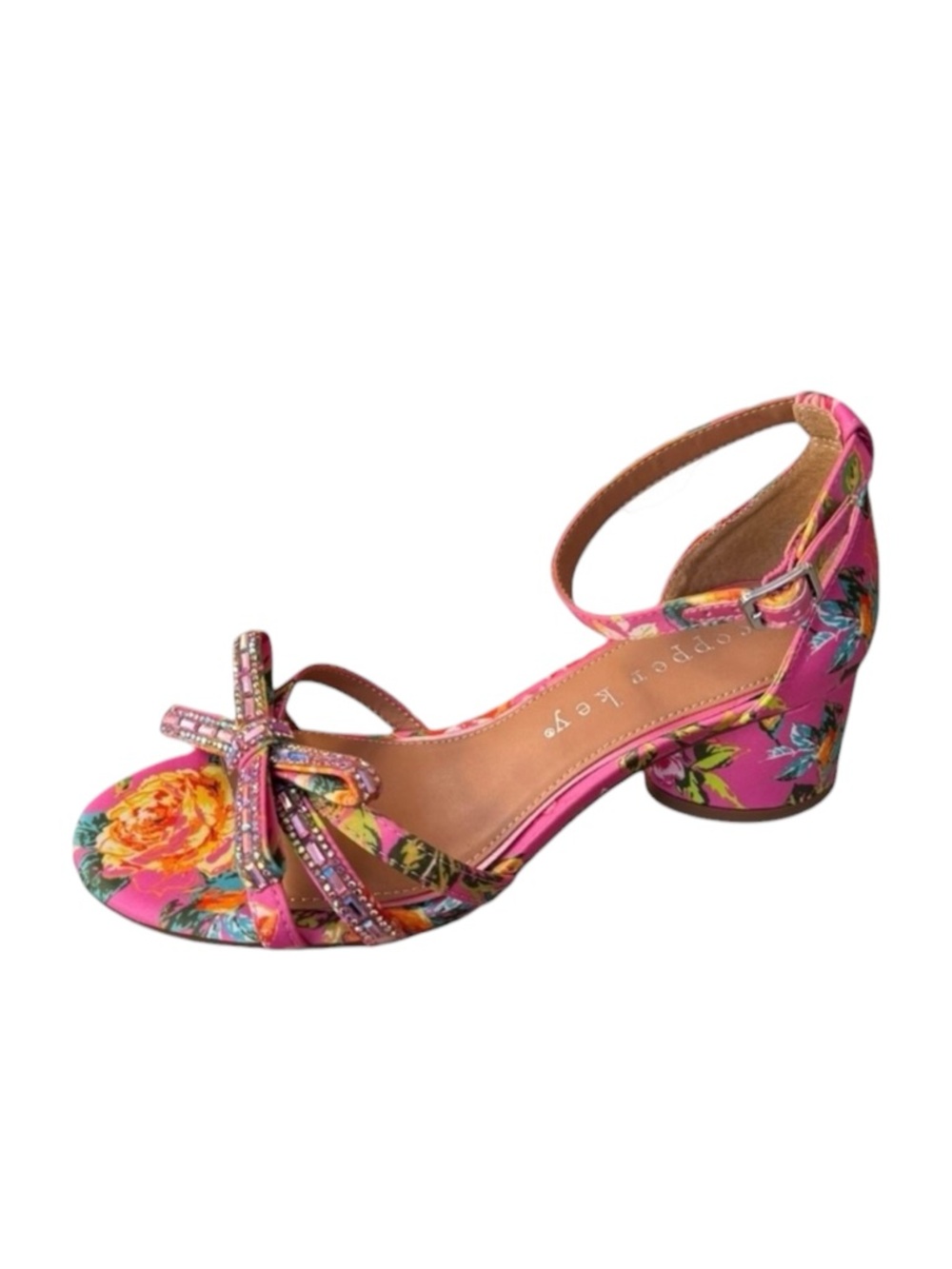 Copper Key Prance Floral Satin Rhinestone Bow Block Strapy Heel Sandals